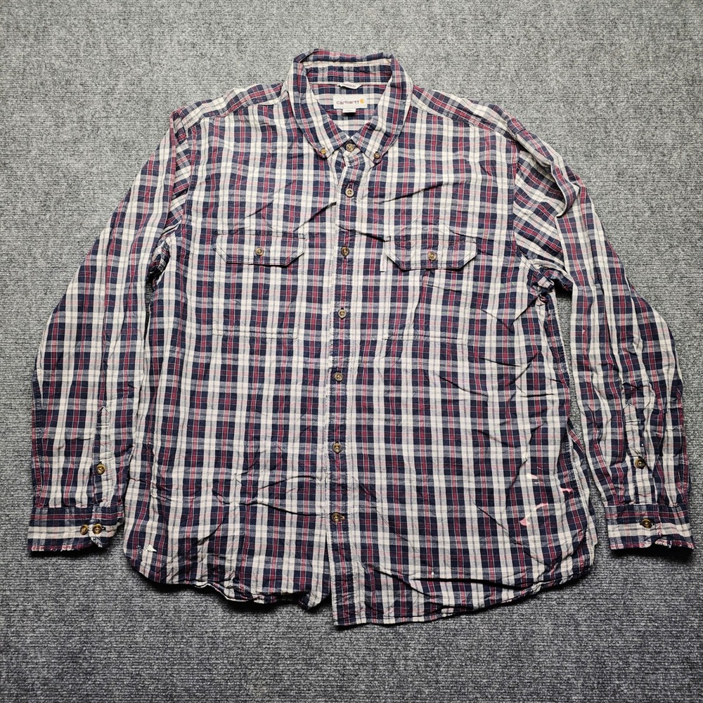 Carhartt Mens XL Plaid Button Down Shirt Long Sleeve Navy Red Workwear